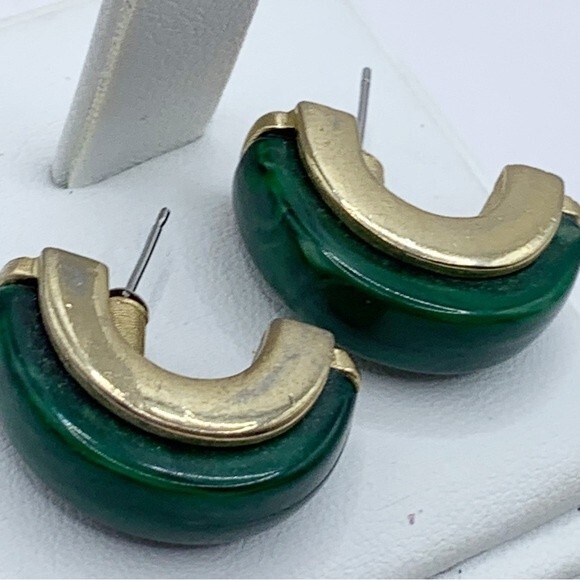Green faux stone and gold tone chunky half hoop earrings - Picture 6 of 11